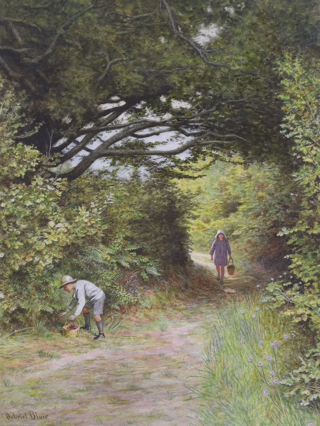 Gabriel Blair (1862-1932), watercolour, 'Children picking blackberries along a lane', signed, 35 x 27cm